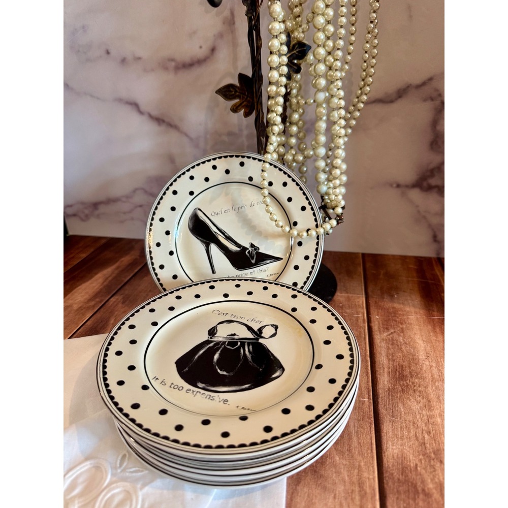 Sakura Table Mademoiselle Kimberly Poloson Appetizer Plates Set of 8 Black White